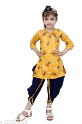 Mustard yellow designer checked Patiala suit for girls by Hariyal Creation, cotton silk fabric with knee length anarkali top and patiala bottom, ideal for kids parties or festive wear. Sizes available: 3-4 Years (19in/22in), 4-5 Years (20in/23in), 5-6 Years (21in/25in), 6-7 Years (23in/27in), 7-8 Years (24in/28in), 8-9 Years (25in/30in). Made in India